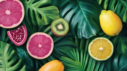 Tropical Fruits on Lush Leaves