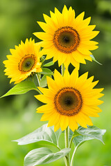 Fototapeta premium Three vibrant sunflowers in full bloom, close-up view against a blurred green background