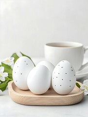 Three white eggs, subtly decorated, rest on a wooden tray beside a teacup and delicate white blossoms