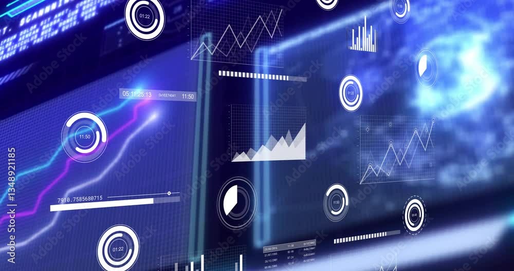 Poster displaying data analysis, digital graphs and charts on animation interface in school