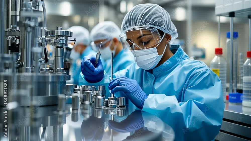 Poster A diverse group of quality control professionals focuses on inspecting equipment in a clean and organized facility. Their attention to detail ensures optimal performance and safety.