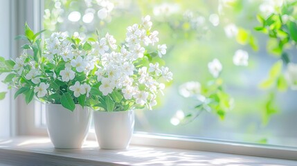Fototapeta premium Serene interior with white blossoms and soft natural light