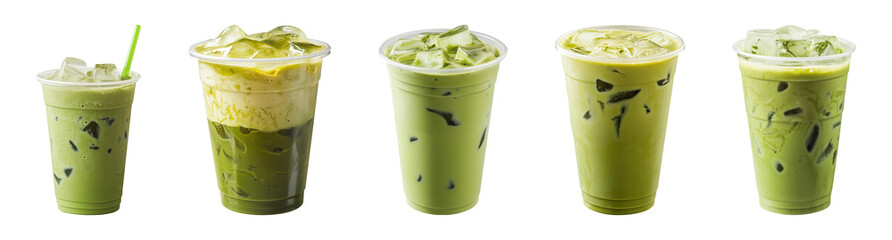 Iced of milk matcha green tea in plastic takeaway glass isolated on a transparent or white background, cut out, PNG