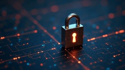 Secure Future: A close-up shot of a padlock against a digital circuit background, suggesting the concept of cybersecurity and data protection. The padlock's glow symbolizes a safe, secure.