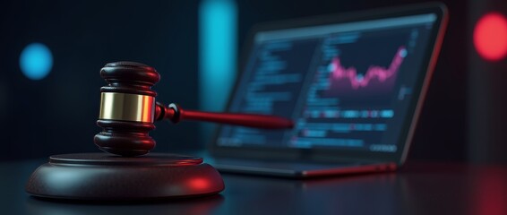 Digital Justice: A gavel rests beside a laptop displaying a financial graph, symbolizing legal proceedings in the digital age. It is an embodiment of modern law, technology, and finance.