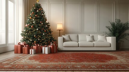 Cozy Living Room with Christmas Tree and Gifts in Festive Setting