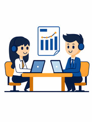 Obraz premium Two smiling agents review data on laptops, showing upward trend