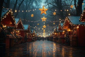 Obraz premium Vibrant Christmas Market With Decorated Stalls, String Lights And Star Lanterns