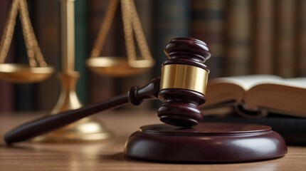 Symbol of Justice: Depicting a wooden gavel resting on a wooden block, and scales of justice, in a courtroom, and law books in background creating a serene scene of legal practice. 