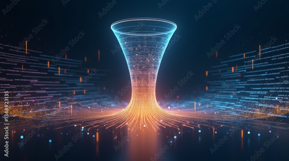 Poster digital funnel of data: a mesmerizing illustration of data flow, visualized as a glowing, funnel-sha