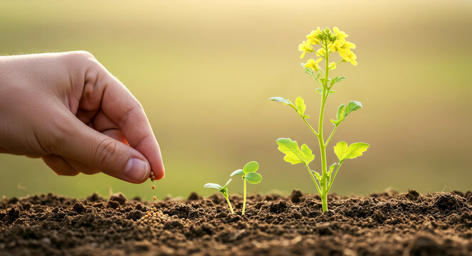 Hand sowing mustard seed in fertile soil, parable of the Kingdom of Heaven