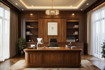 Spacious office with wooden desk, bookshelves, and elegant drapes. Sunlight illuminates room through large window, creating serene atmosphere. Neural network AI generated