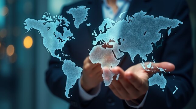 Global Visions: An entrepreneur cradles a glowing digital world map, symbolizing global reach, international business, and interconnectedness. A compelling image that speaks to strategy, planning.