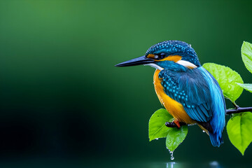 Obraz premium Vibrant blue and orange kingfisher perched on a branch, rain droplets on leaves