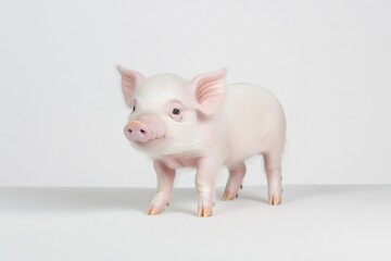 Cute piglet stands on white surface, showcasing soft pink skin a