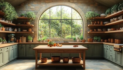 Rustic Farmhouse Kitchen with Wooden Table and Natural Lighting