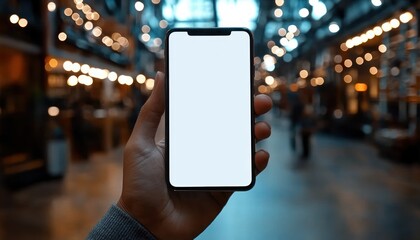 close up of hand holding smartphone in modern city indoor environment