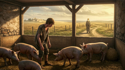 Prodigal son feeding pigs and looking at his father waiting for him