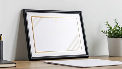 Fototapeta premium Blank Certificate in a Silver Frame Standing on a Wooden Table