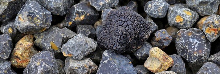 Black truffle nestled among natural rough rocks in earthy terrain highlighting wild foraging premium gourmet ingredient and rare culinary delicacy