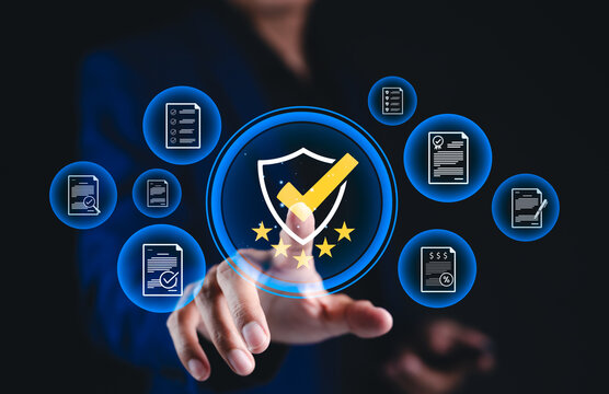 Quality Assurance and Certification Compliance Concept. Businessman interact with security shield and checkmark, symbol quality assurance, certificate, compliance standard control, audit, certified,
