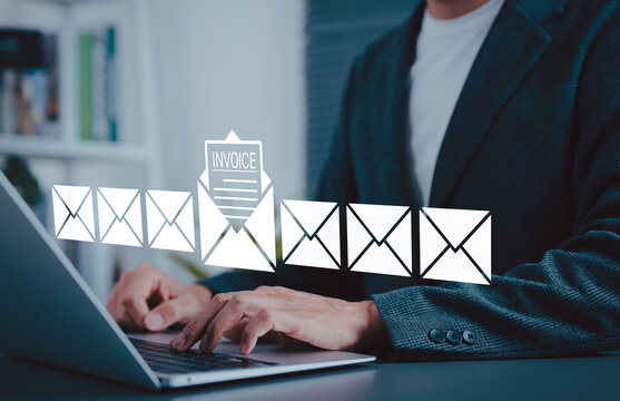 E-Invoice and Digital Billing Notification Concept. Businessman with digital envelope icons with invoice document, representing electronic invoicing, billing automation, online financial transactions,