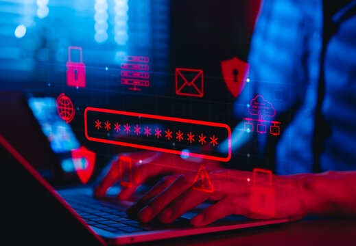 Cybersecurity Password Protection Concept. A person typing on laptop with digital password input, security icons, and red alert, symbolizing cyber security, data protection, online security threats, - Powered by Adobe