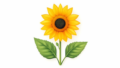 Obraz premium Vibrant yellow sunflower with two green leaves isolated on white