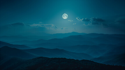 A bright full moon lights up soft clouds floating above towering mountains under a calm night sky.