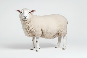 Fototapeta premium Fluffy sheep stands confidently on white background, showcasing