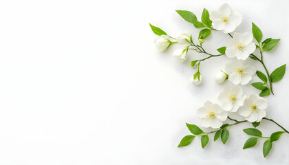 Fototapeta premium White blossoms and green leaves arranged on a white background