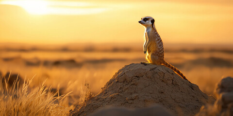 Meerkat on a termite mound in the Kalahari Desert at sunset with golden light
