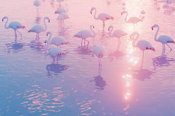 Flamingo flock in a lake at sunrise with pink reflections and vibrant feathers