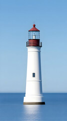 White lighthouse with red top stands in calm blue sea under clear sky