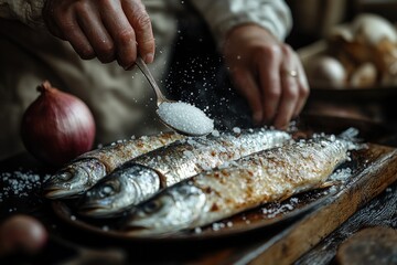 Preparing Salt Brine for Herring Curing with Fresh Herbs and Onion in Minimalist Kitchen Scene