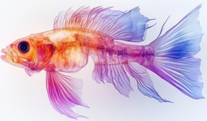 Fototapeta premium Vibrant Diaphonized Fish Skeleton Illustration in Pink Purple and Blue Translucent Colors