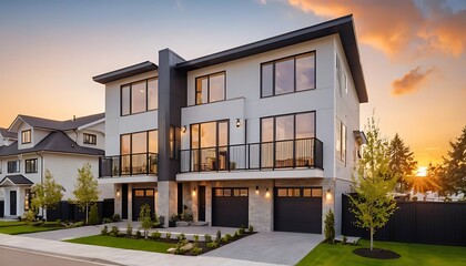 Fototapeta premium Close up photo of modern residential townhouse, luxury architectural style house exterior