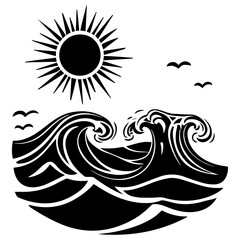 Obraz premium Ocean Waves with Sun and Birds Vector Illustration, Vector, White Background
