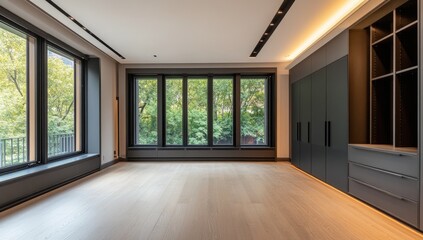 Obraz premium Empty modern room with large windows overlooking a garden