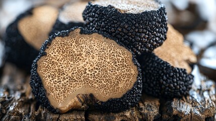 Black winter truffles with textured surface resting on coarse sea salt crystals highlighting premium gourmet food selection in natural culinary photography with earthy aroma emphasis