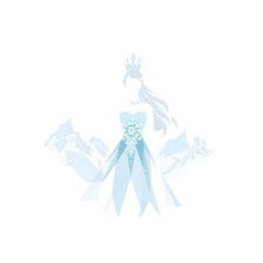 Majestic Ice Queen in Snowflake Dress and Crown Amidst Frozen Mountain Landscape