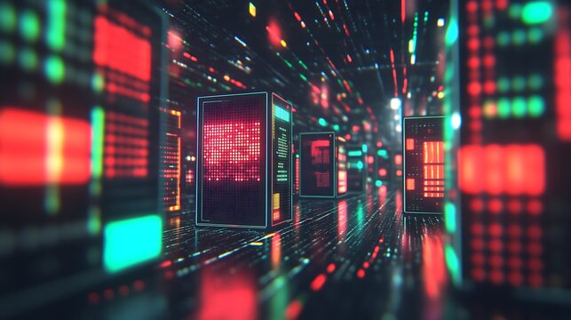 Futuristic view of servers with data and colorful displays in a row