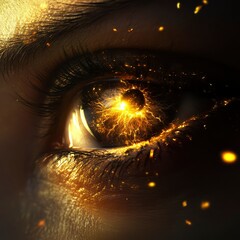 Fiery Cosmic Eye Abstract Close-up of Glowing Human Eye with Energy