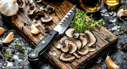Rustic wooden kitchen scene with sliced fresh mushrooms on cutting board surrounded by herbs spices and knife representing gourmet cooking and culinary excellence