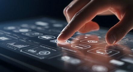 Finger touching modern tablet screen digital interface technology ui ux app web hand data user icon