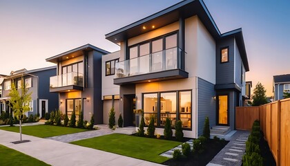 Obraz premium Close up photo of modern residential townhouse, luxury architectural style house exterior