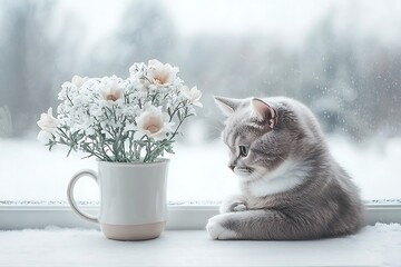 Cat gazing flowers for snowy windowsill.