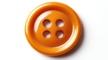 Close-up of a single orange four-hole button on white background.
