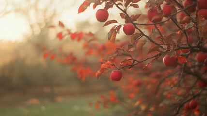 Apple tree branch with fresh red apples and autumn leaves, illuminated by warm sunlight.