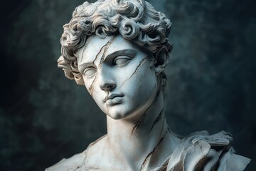 Broken marble bust of a woman, ancient greek sculpture, classical art, melancholic expression, decay, memory loss, psychological themes